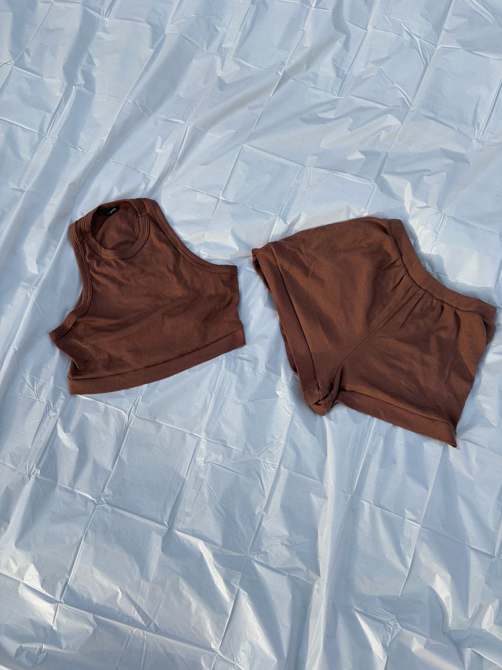 Fashion Nova Brown Ribbed Crop Tank & Lounge Shorts Set